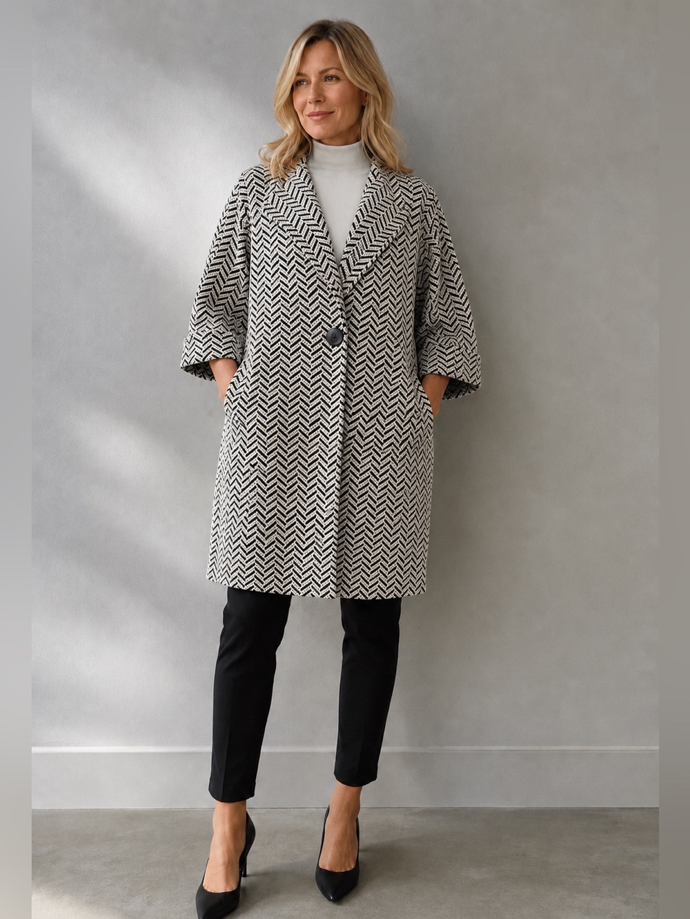 Chico’s Black & White Herringbone Cotton-Blend Coat